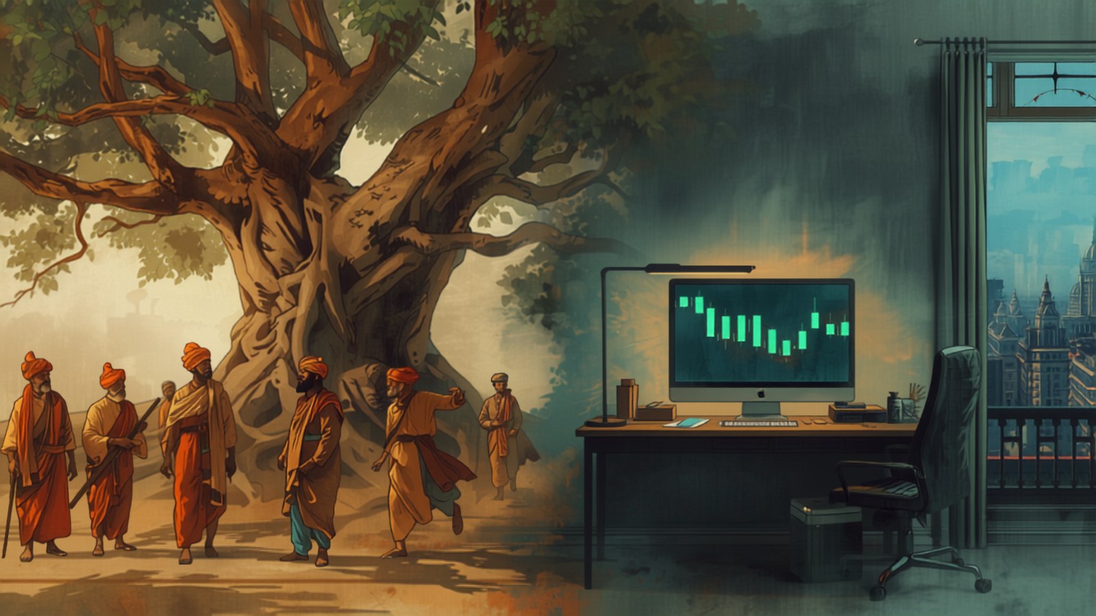 An ancient banyan tree with 19th-century brokers beneath it, dissolving into a modern trading screen