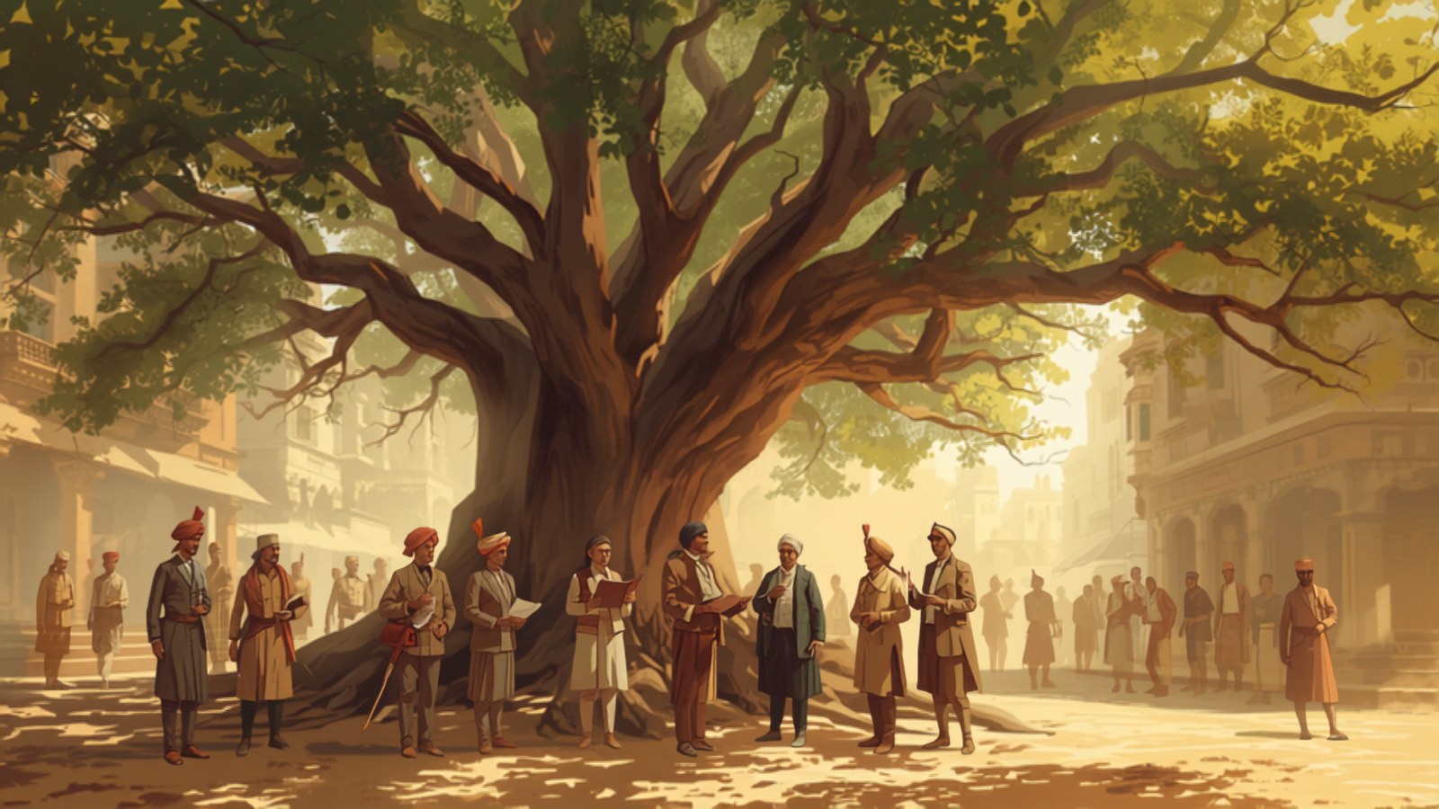 Brokers in 19th-century Indian dress gathered under a spreading banyan tree in old Bombay