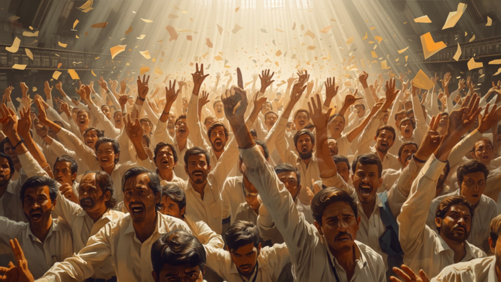 A packed open-outcry trading floor, brokers with arms raised and paper slips in the air