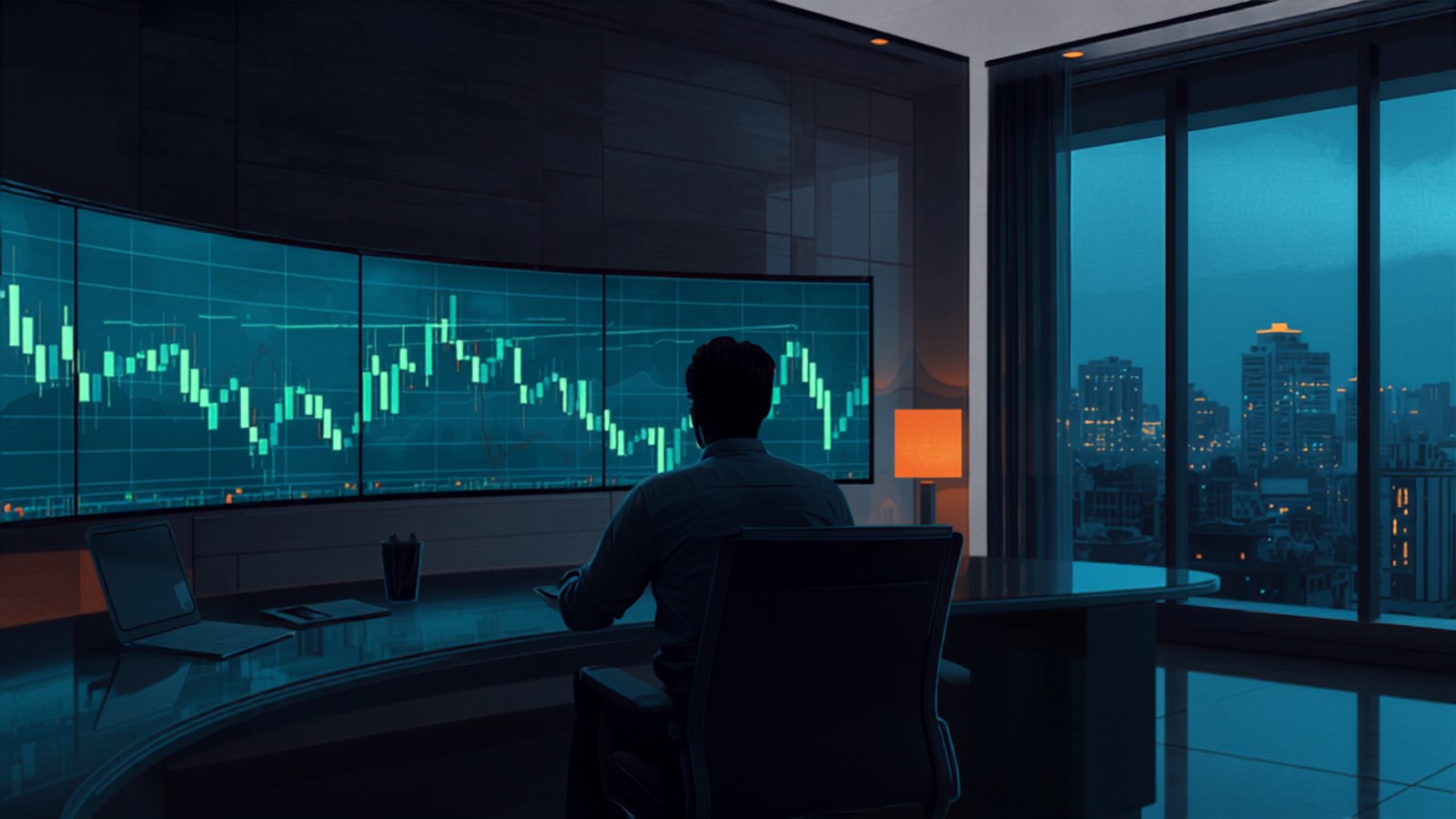 A single trader silhouetted against a curved wall of glowing candlestick charts at dusk