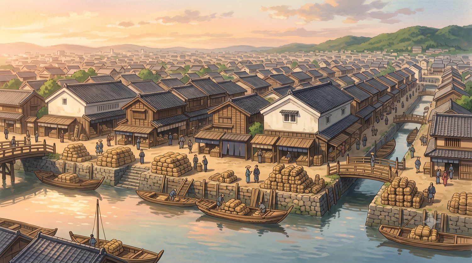 The rice port of Sakata at dawn, boats and bales along the canals
