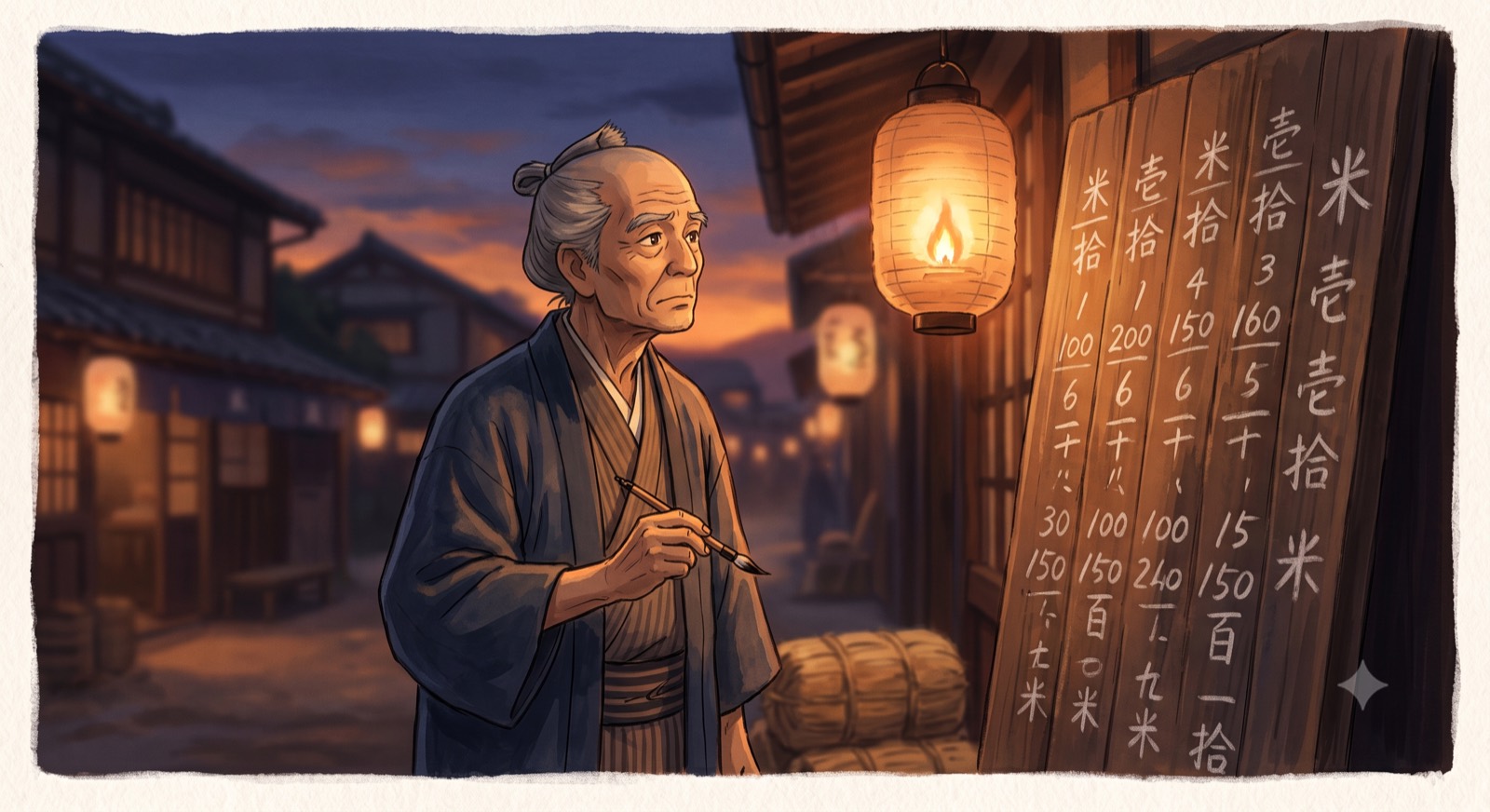 A rice merchant with a brush reading prices on a wooden board by lantern light