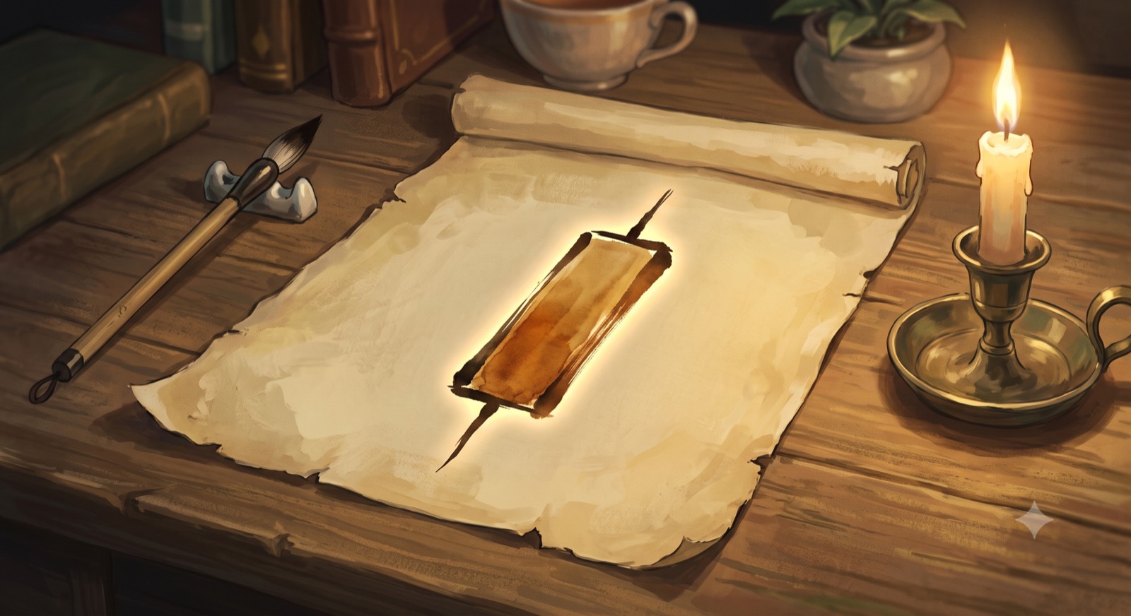 A single candlestick painted in ink on a paper scroll, glowing in candlelight