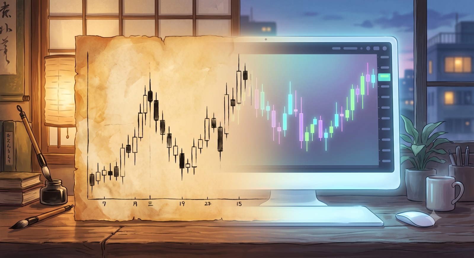 An ink candlestick chart on parchment dissolving into a modern trading screen
